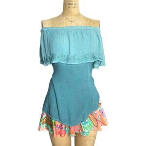 Fairycore Off Shoulder Embroidered Fae Boho Celestial Top Women’s M Turquoise